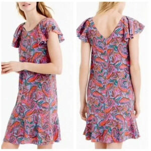 J. Crew 100% Silk Ruffle Flutter Sleeve Dress in Paisley Print, Size 2 🗣